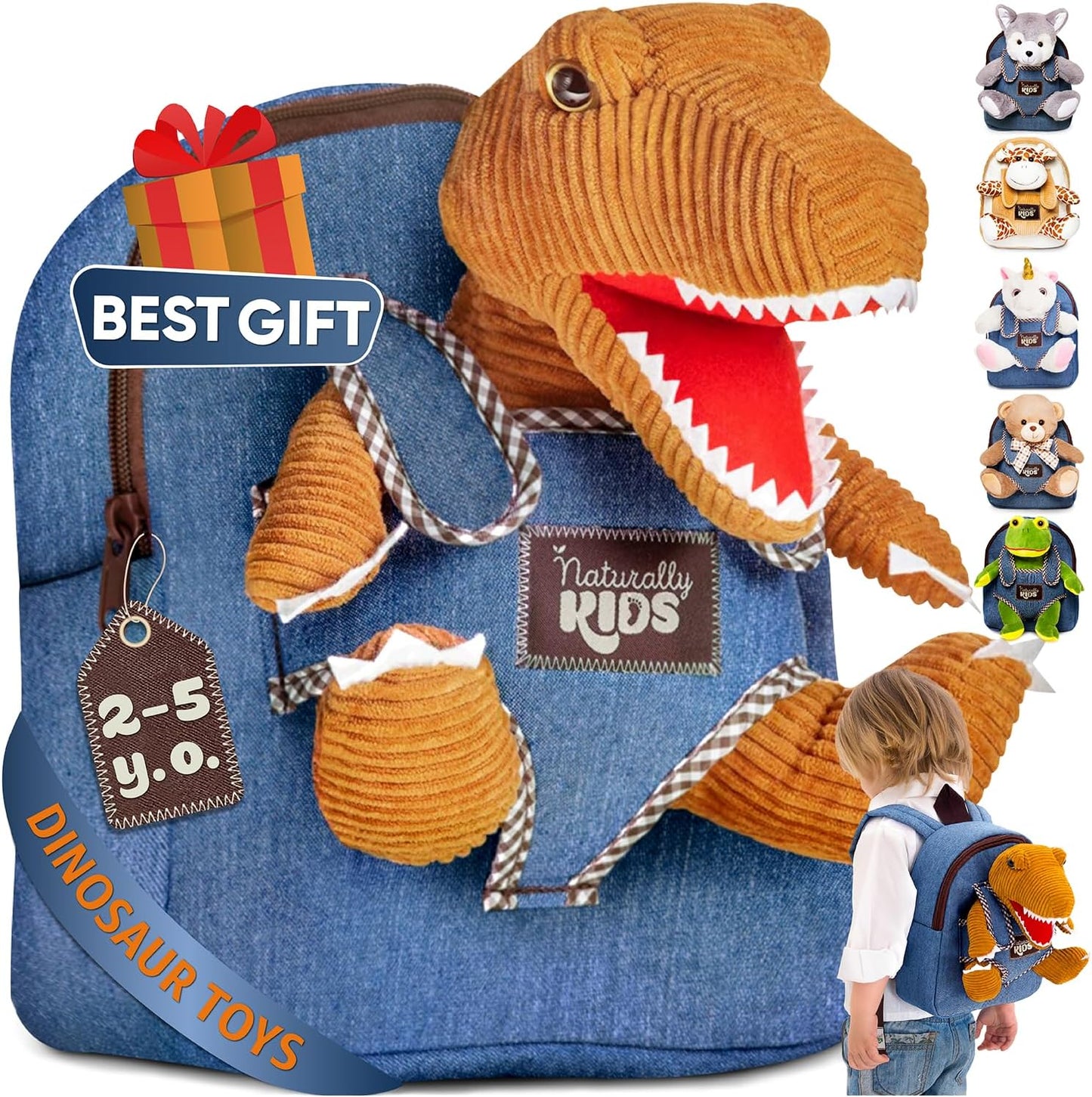 Dinosaur Backpack for Kids 3-5, Toddler Backpack for Boys with Detachable Dinosaur Toy with Pockets and Reflective Logo Patch