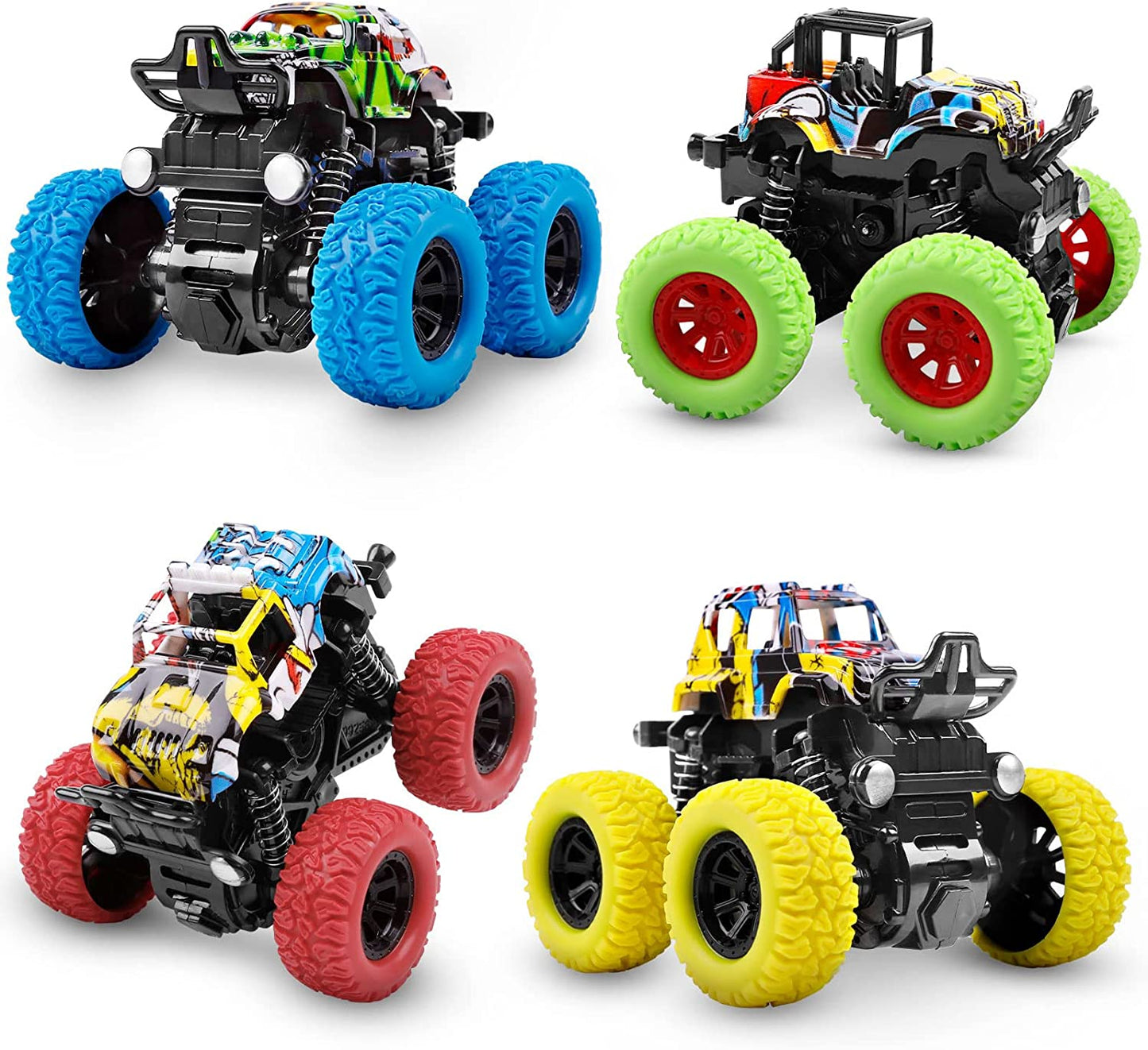 Monster Truck Toys for Ages 2-4, Friction Cars for Toddlers 1-3 Push and Go 360° Rotating Stunt Car for 2+ Year Old Boys Girls Gifts (2 Pack - Blue and Green)