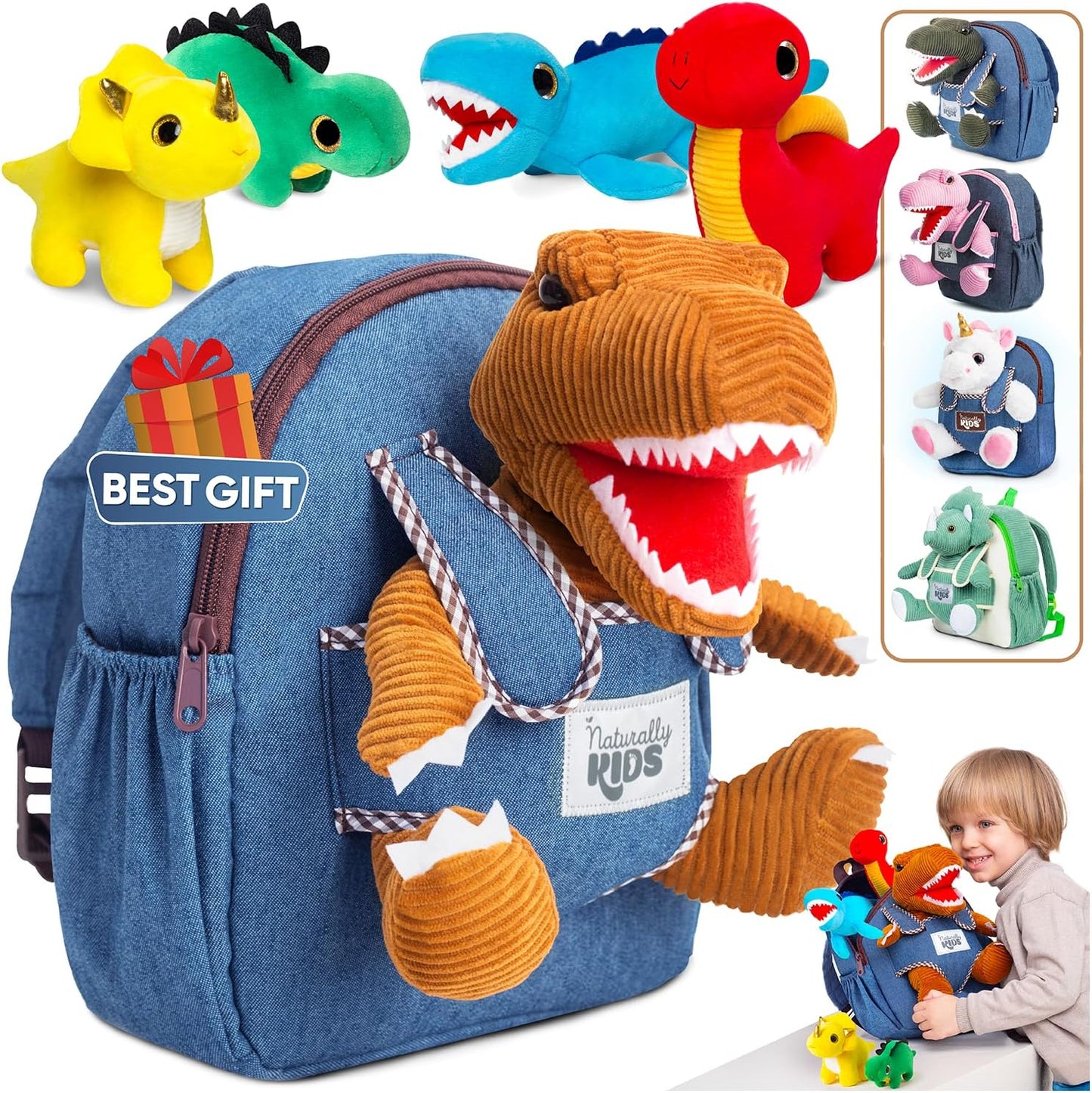 Dinosaur Backpack for Kids 3-5, Toddler Backpack for Boys with Detachable Dinosaur Toy with Pockets and Reflective Logo Patch