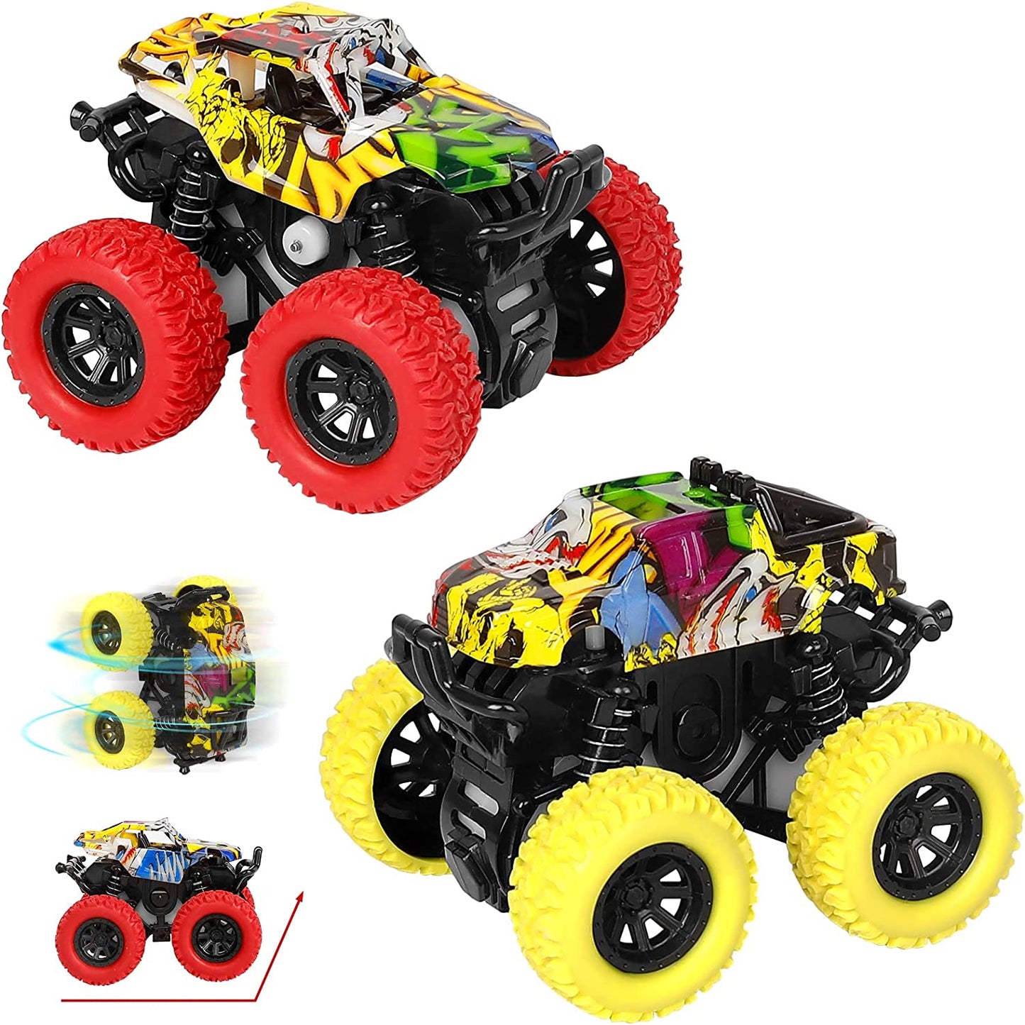 Monster Truck Toys for Ages 2-4, Friction Cars for Toddlers 1-3 Push and Go 360° Rotating Stunt Car for 2+ Year Old Boys Girls Gifts (2 Pack - Blue and Green)