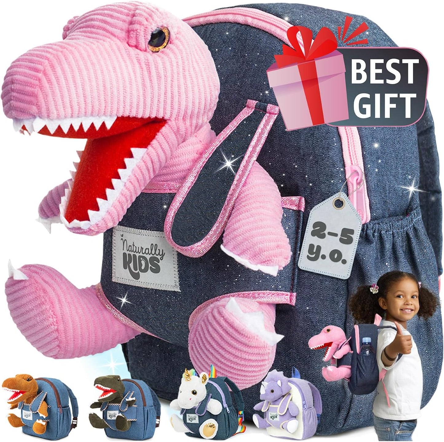 Dinosaur Backpack for Kids 3-5, Toddler Backpack for Boys with Detachable Dinosaur Toy with Pockets and Reflective Logo Patch