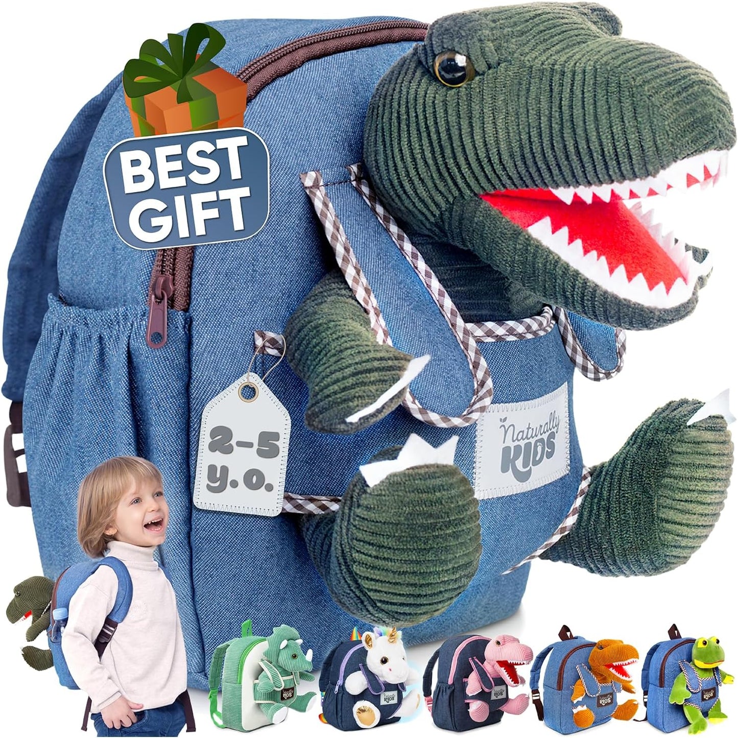 Dinosaur Backpack for Kids 3-5, Toddler Backpack for Boys with Detachable Dinosaur Toy with Pockets and Reflective Logo Patch