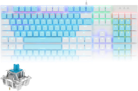 Mechanical Gaming Keyboard with Rainbow LED Backlit, 104-Key Anti-Ghosting Blue Switch Metal Panel Light up Keyboard Ergonomic Design Wired USB for PC, Laptop, Mac (Blue-White)