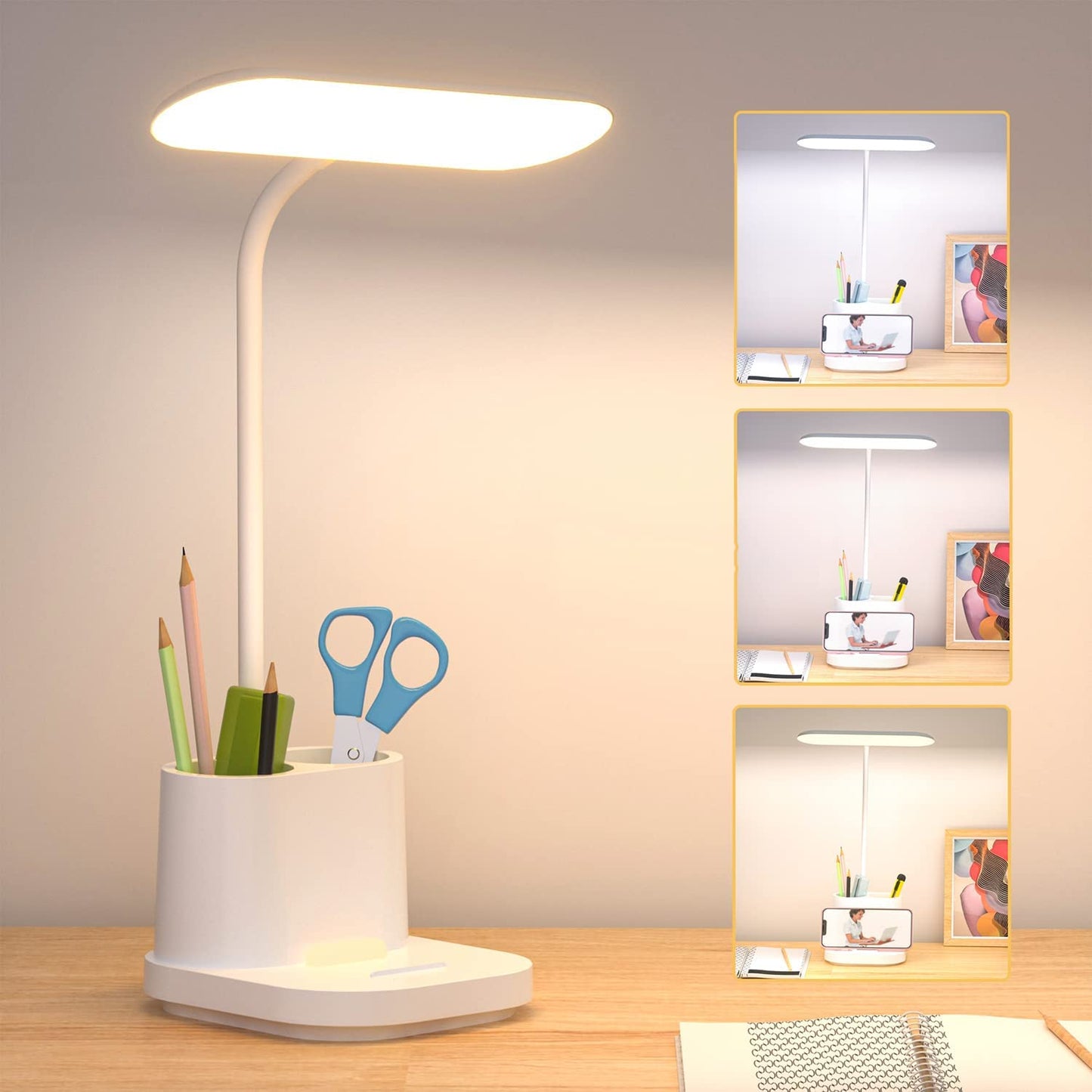 LED Desk Lamps for Kids, Small Desk Lamps with Pen Holder, 3600Mah Battery Operated Desk Lamp 3Color Modes Stepless Dimming Cute Desk Lamp, Gooseneck Desk Light for Home Office, Reading, Study